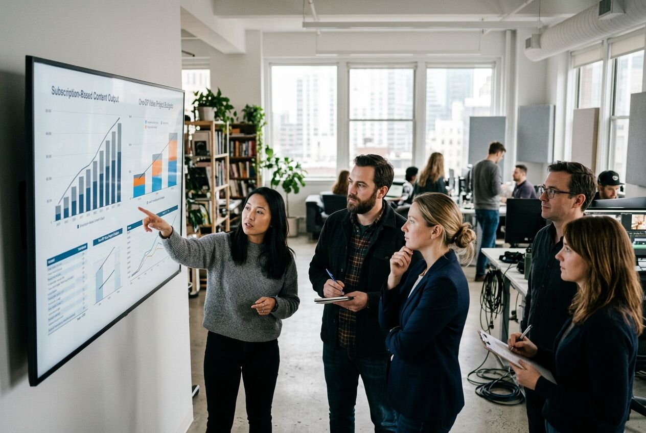 Marketingteam in een kantoor dat kostenoverzichten van videoabonnementen en losse videoproducties op een groot scherm bekijkt.