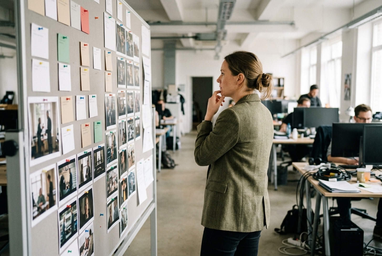 Producent bekijkt een planbord vol kaartjes en stills aan de wand van een productiekantoor